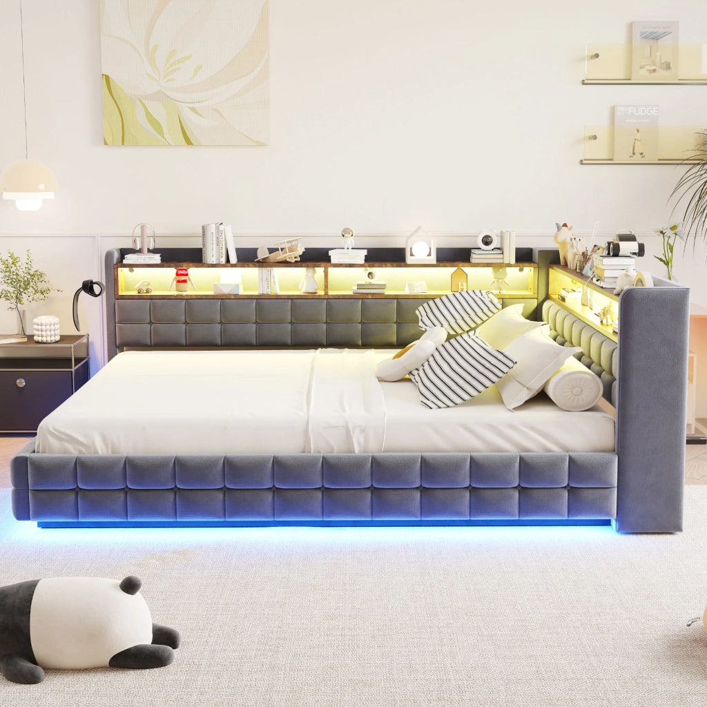 DESMIU Letto imbottito 140 × 200 cm 2 posti con contenitore, USB, Type-C, LED, senza materasso, grigio