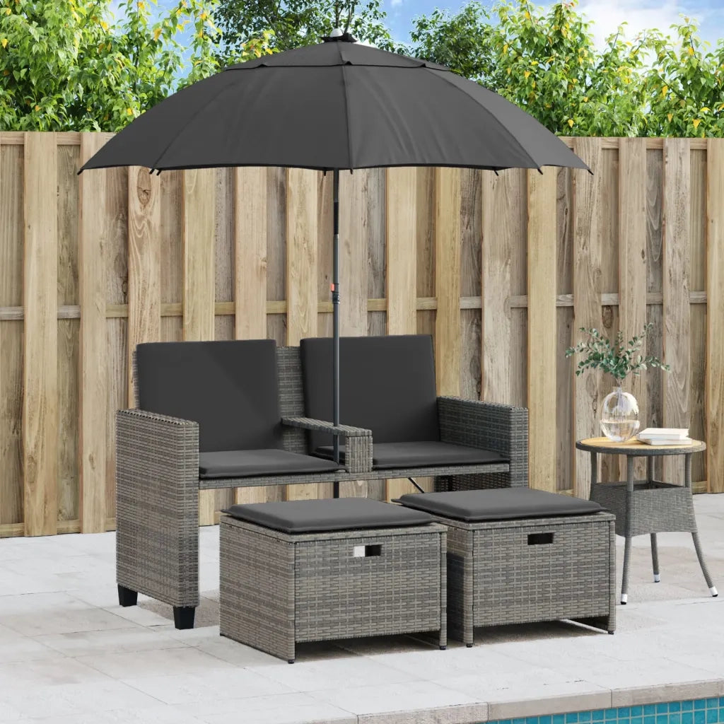 Divano Giardino 2 Posti-Sofa da Giardino-Divanetto da esterno Ombrellone e Sgabelli Grigio Polyrattan