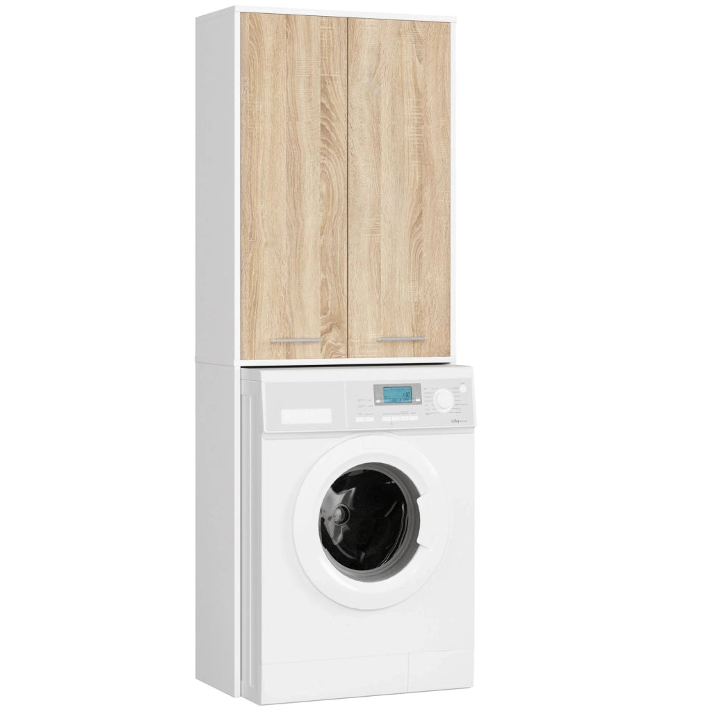 Colonna da bagno AKORD FIN per incasso di una lavatrice Bianca 64 cm 2 ante inserto frontale Sonoma Quercia 64x30x180 cm