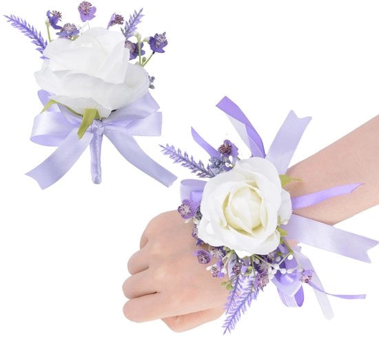 Set di corsage 2 pezzi - Pulsante artificiale fiorito - Rosa bianca con nastro viola - Matrimonio/graduazione - Progetto elegante - Dimensioni 12 cm x 14 cm - Pezzo di fiori