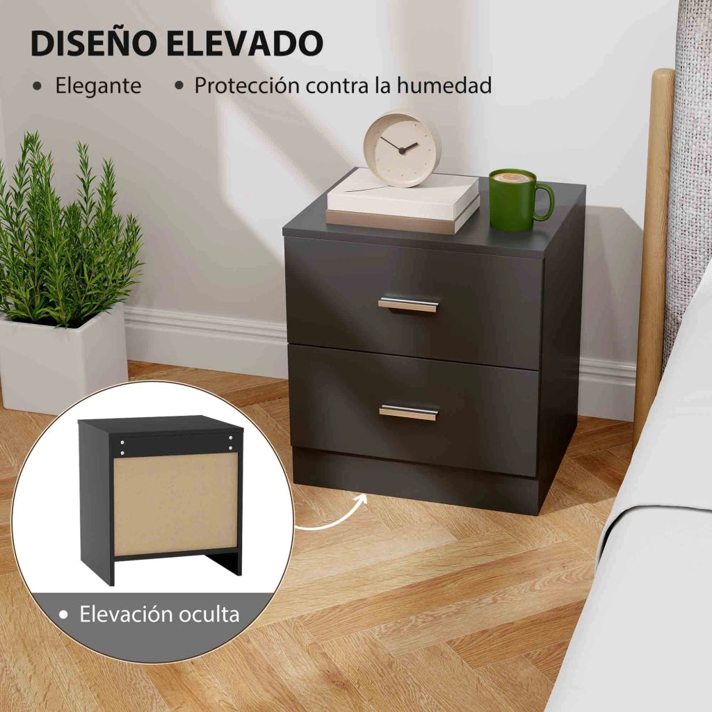 Comodino moderno con 2 cassetti ¨C Xylo ¨C nero 45x39,5x49 cm