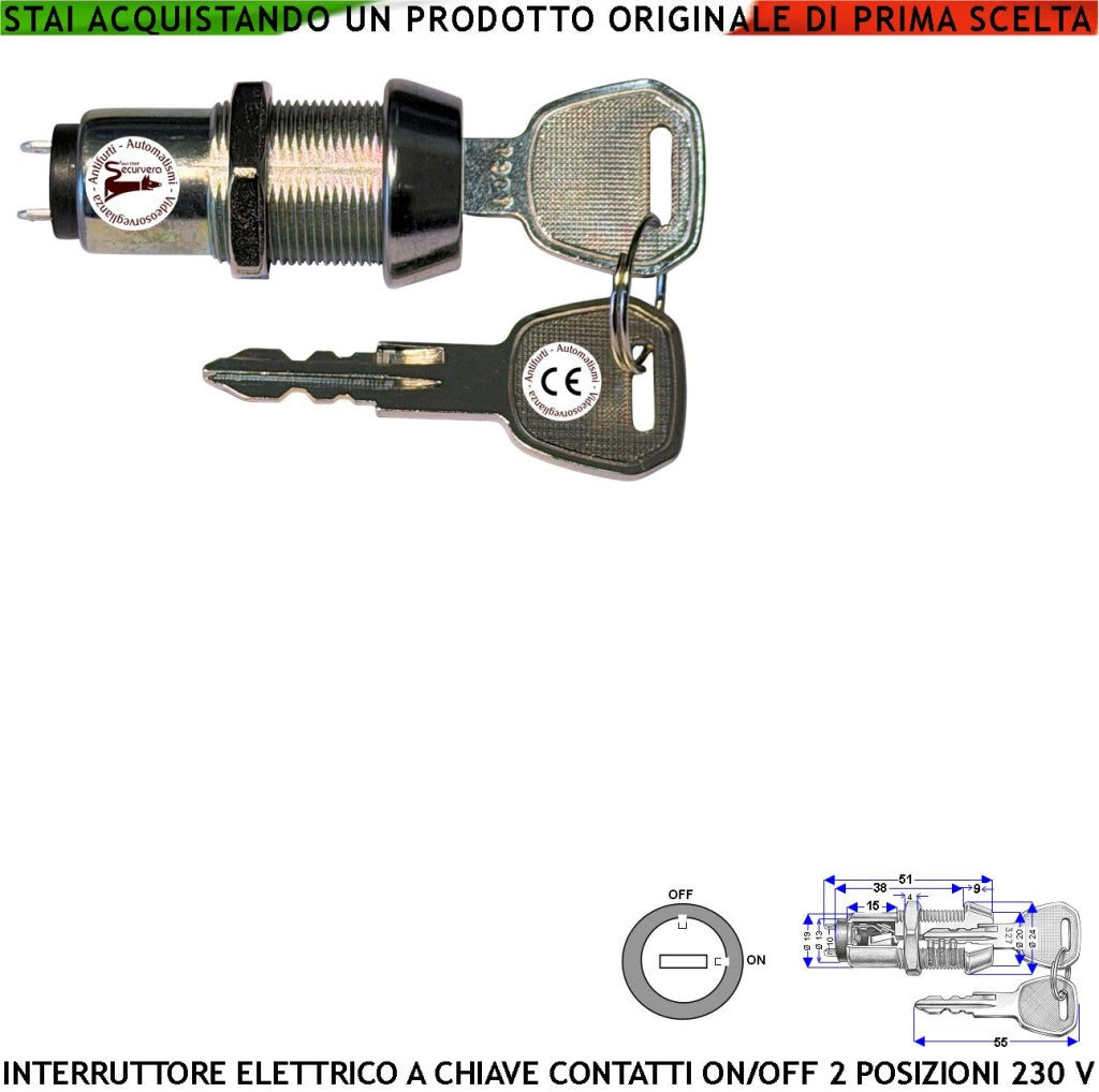 Interruttore Con Chiave Doppio Profilo Due Posizioni ON-OFF Contatti NC/NA da 3 A Isolamento 230 V Sistema Antimpronta Con 2 Chiavi Utile Inserire Disinserire Allarme Sirena o Qualsiasi Apparato