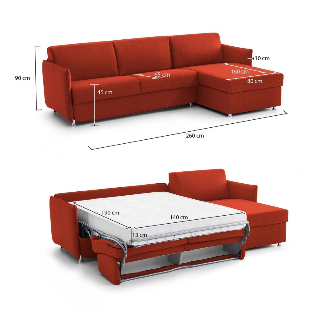 Scordia, Divano Letto con Penisola Sfoderabile Made in Italy, 260x160 cm Arancione