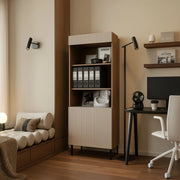 Libreria Agri, Mobile portalibri con vani aperti e un'anta, Design moderno e minimale, 185x42 h60 cm, Noce e Beige