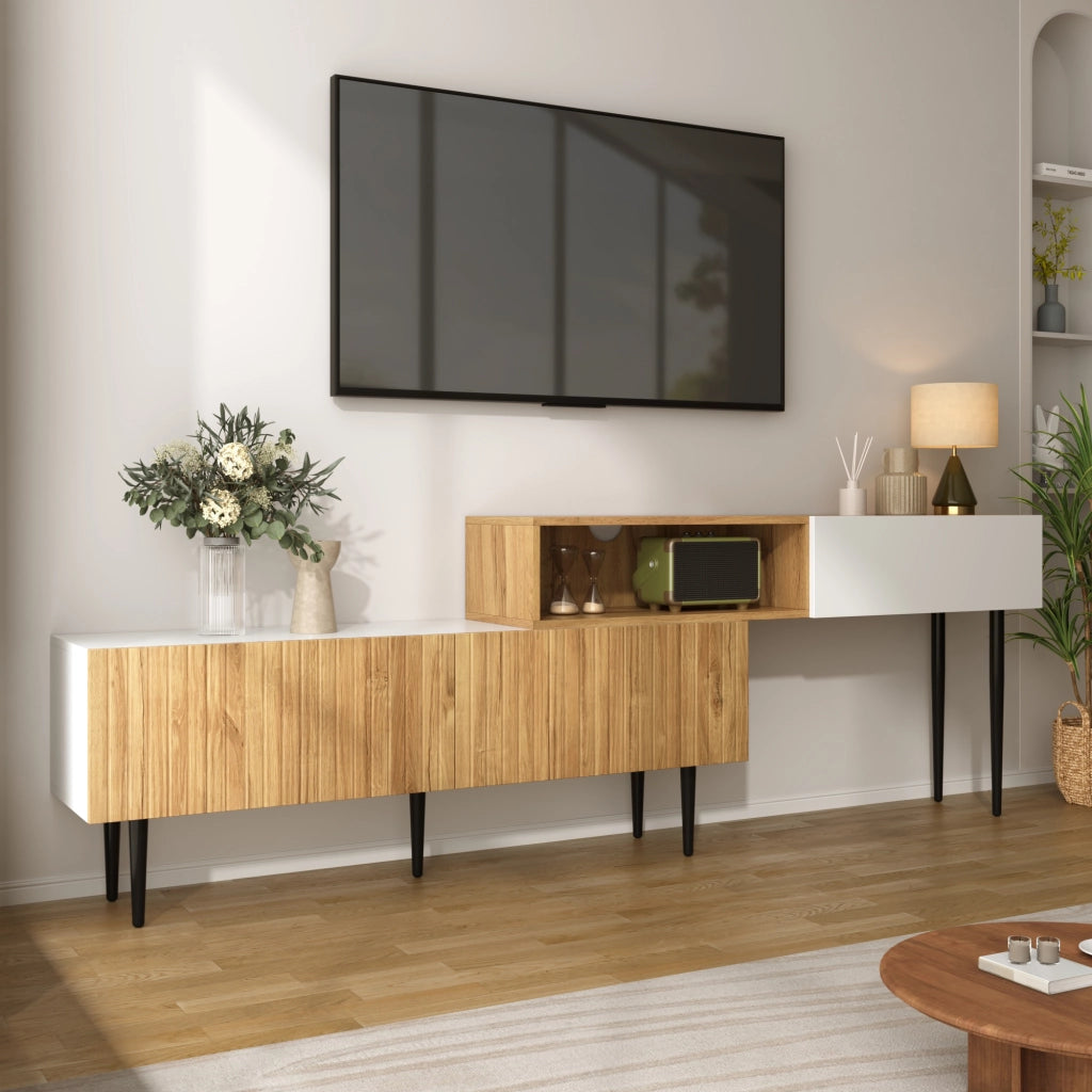MOBILE TV modulare 240x30x63,5 cm Bianco e legno Set da 2 pezzi