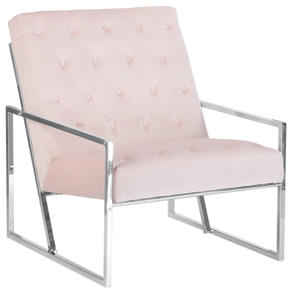 Poltrona Velluto Rosa 83L x 69W x 83H Bottone capitonné Schienale Struttura in Metallo Modern Glam