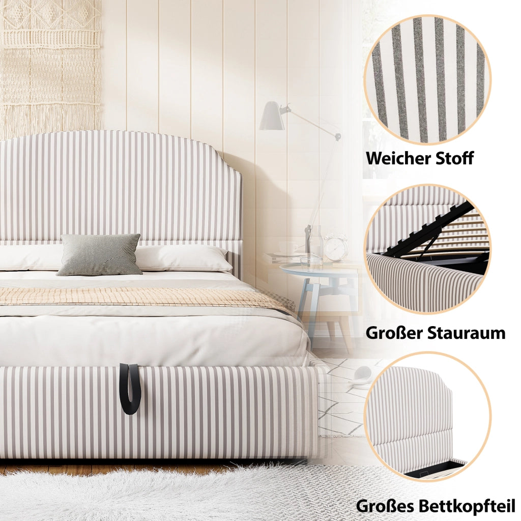 DESMIU Lit contenitore 140 × 200 cm 2 posti con vano idraulico e testiera, senza materasso, in tessuto rigato bianco e antracite