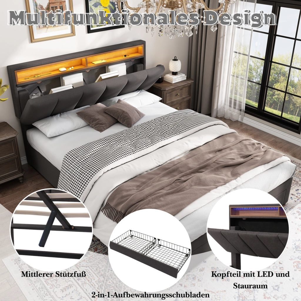 Letto adulto 140×200 cm con contenitore; LED; letto matrimoniale; senza materasso; in lino grigio