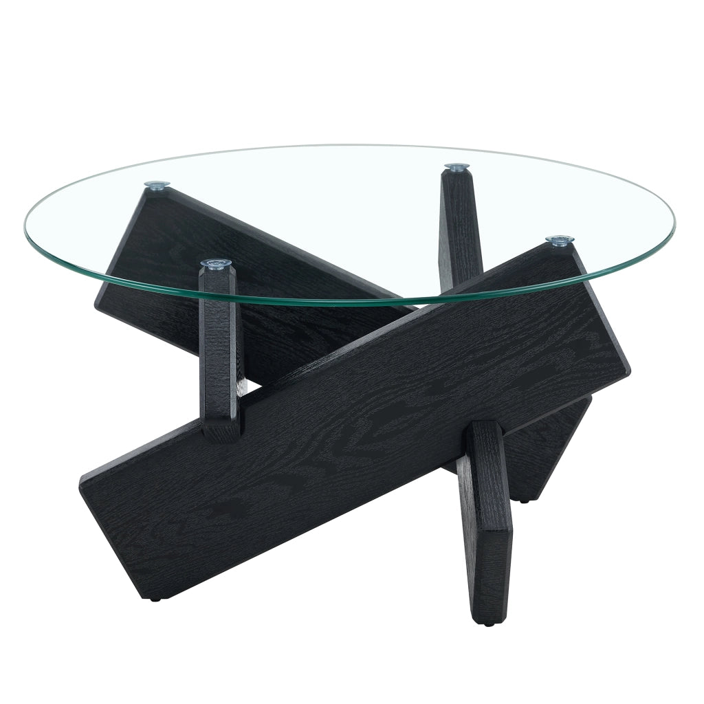 Tavolino da caffè rotondo in MDF e vetro 79 cm, nero e trasparente, con base a croce