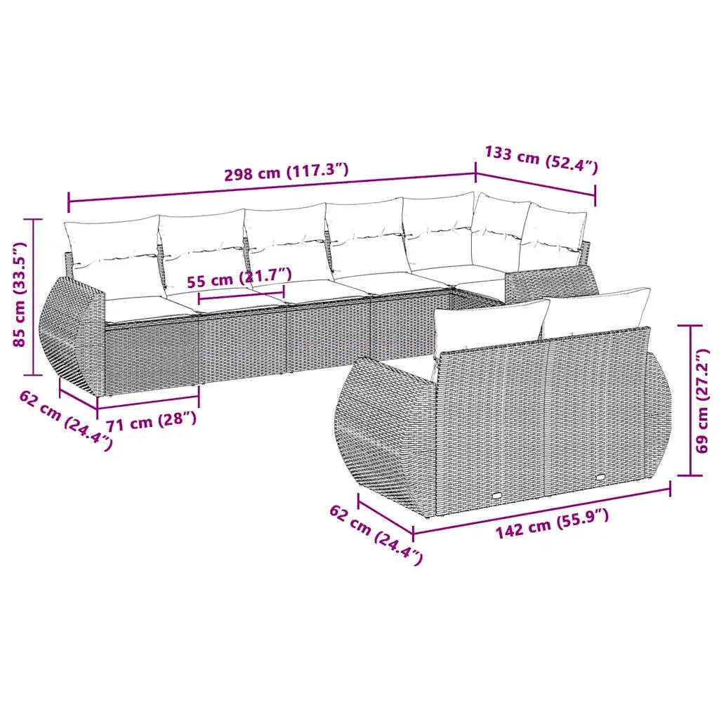 Set Divano da Giardino 8pz con Cuscini Grigio Chiaro Polyrattan