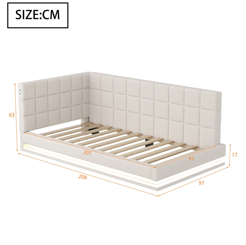 Divano letto imbottito 90x200 cm con LED, USB e rete a doghe