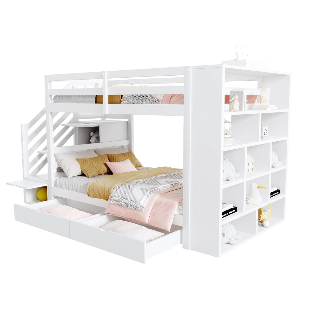 OKWISH Letto a Castello 90×200 cm, Letto Singolo con Scala con Contenitori, 2 Cassetti, Armadietti e Sponde Alte, senza Materasso, Bianco
