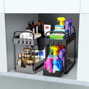 Organizzatore di contenitori sotto il lavandino 2 piani, contenitore organizzatore di contenitori per la cucina, ripiano per spezie della cucina, contenitore per le posate della cucina con 4 ganci e 2 coperchi.
