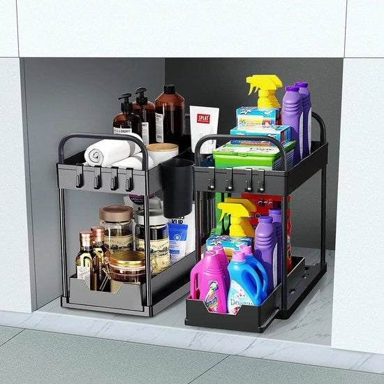 Organizzatore di contenitori sotto il lavandino 2 piani, contenitore organizzatore di contenitori per la cucina, ripiano per spezie della cucina, contenitore per le posate della cucina con 4 ganci e 2 coperchi.