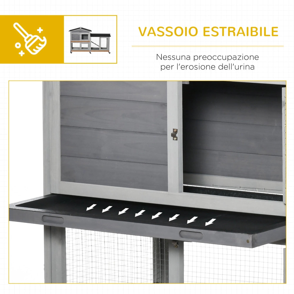 Conigliera da Esterno 157,4x53x99,5 cm a 2 Livelli con Casetta e Spazio Aperto Recintato in Legno Grigio