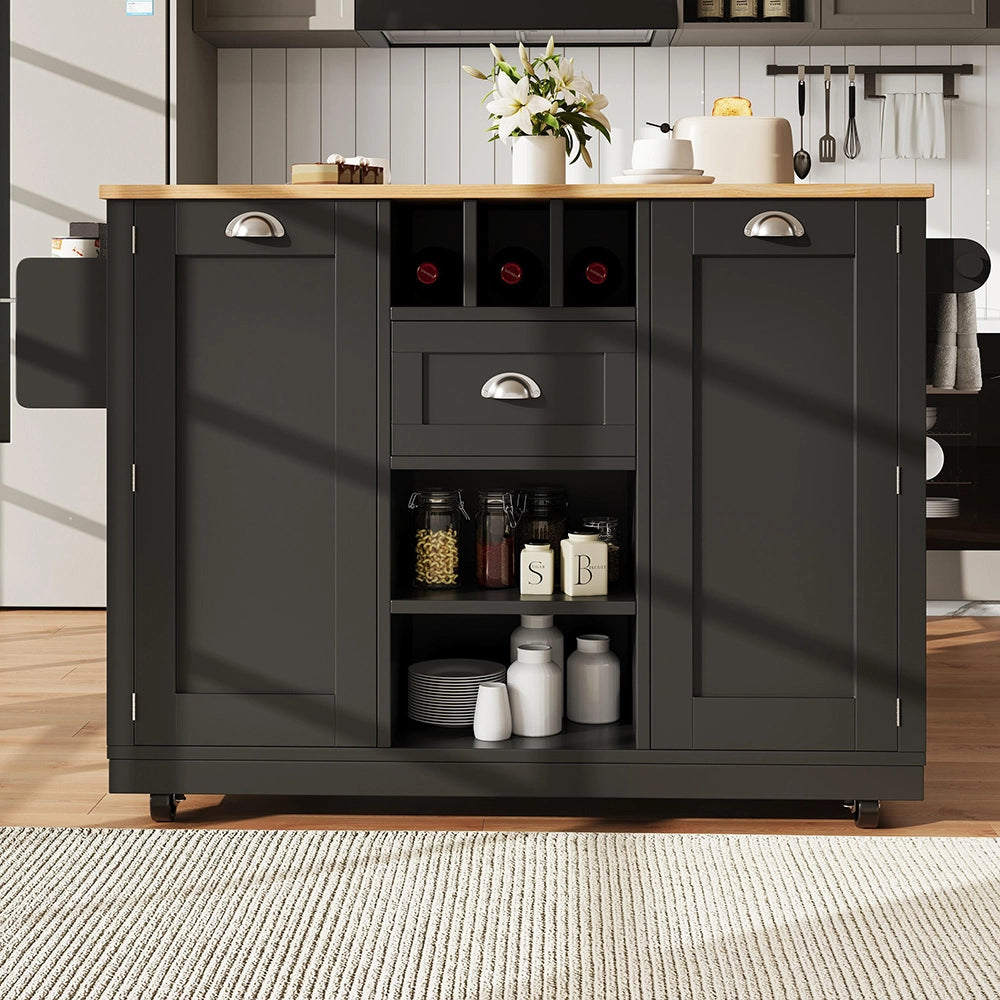 Isola cucina con piano - Xylo - nero porta-bottiglie ruote