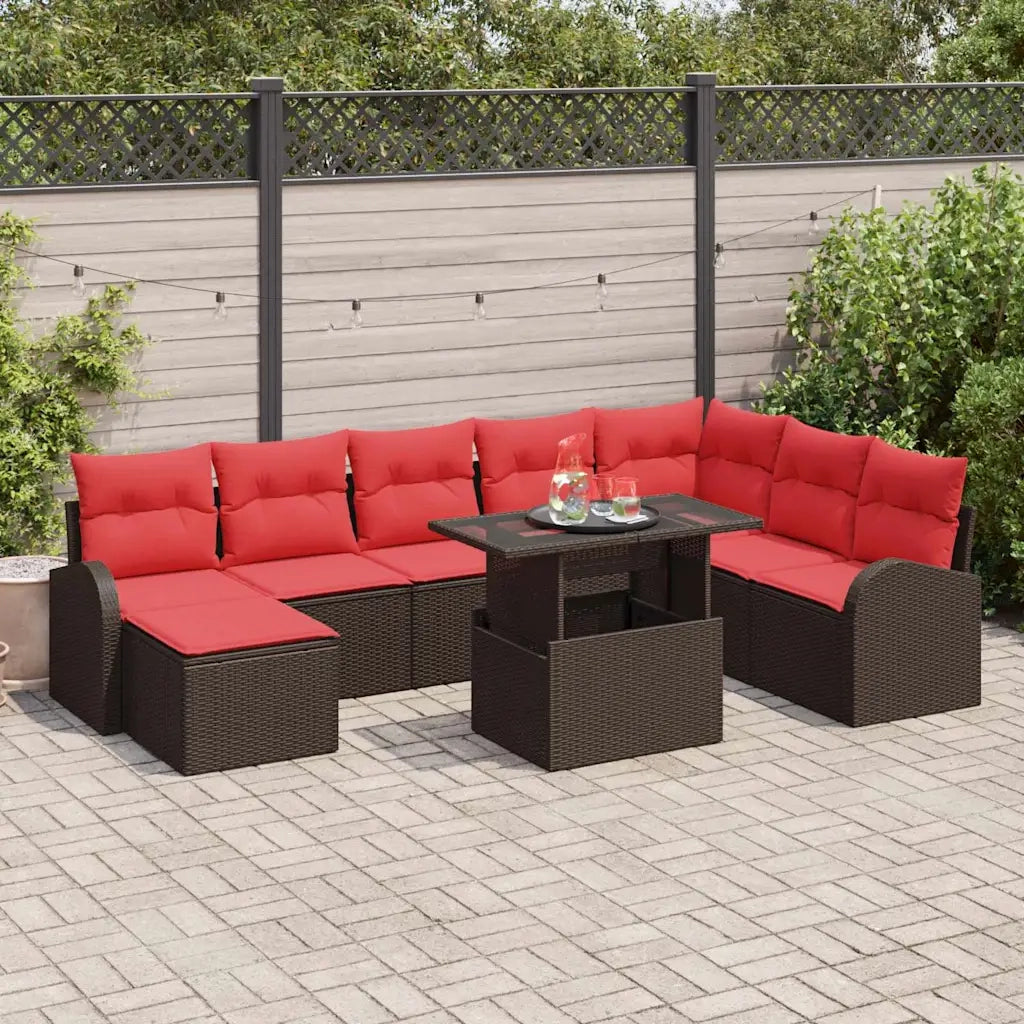 Set Divano da Giardino 9 pcs Marrone e Rosso polyrattan 3348700