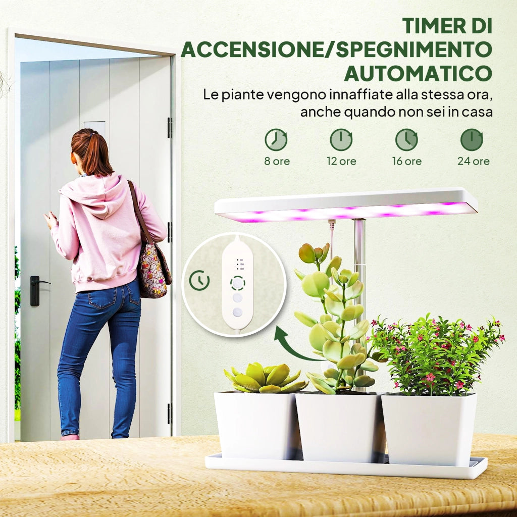 Lampada per Piante LED 30 Luci ¨C Xylo ¨C con 3 Vasi, Timer, Regolabile, 31.8x13.4x18.6-35.6 cm, Bianco
