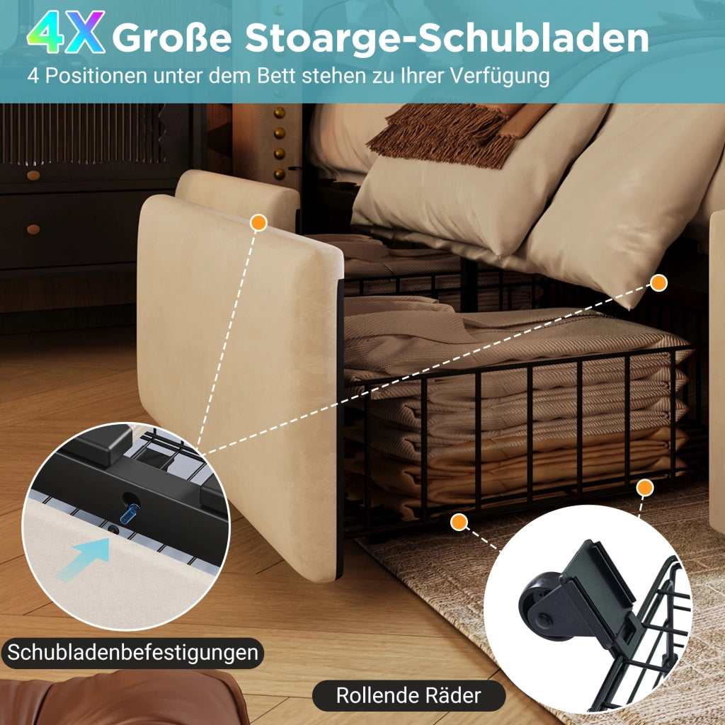 LETTO 160x200 cm in velluto beige con LED e porte USB/Type-C