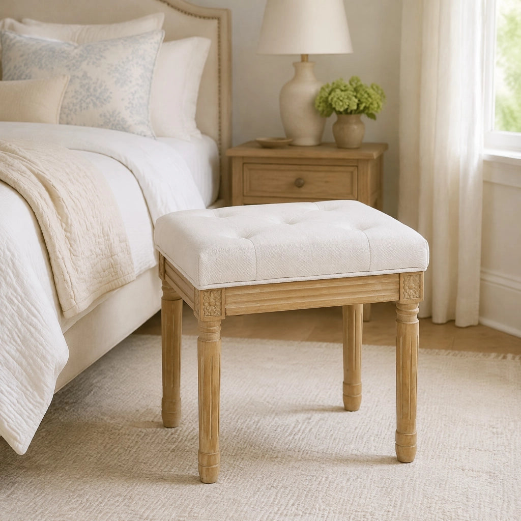 Pouf con seduta imbottita in tessuto effetto lino, gambe in legno, Beige 42 × 32 × 46,5 cm