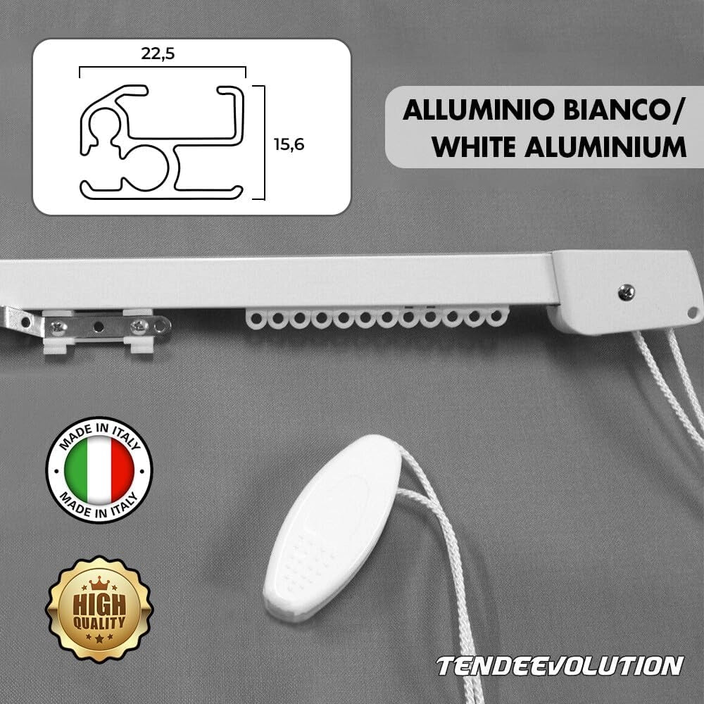 Binario Scorritenda Lineare da Parete in Alluminio Bianco con Movimento a Corda Apertura Centrale - Riloga Bastone per Tenda 350cm