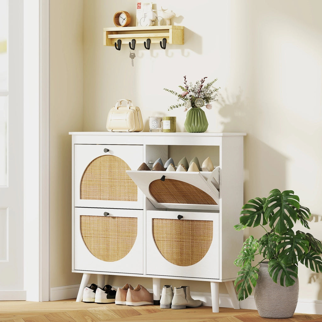 Scarpiera 4 ante 20 paia ripiani regolabile stile bohemien legno massello 105x24x97.5 cm bianco ¨C Minimal