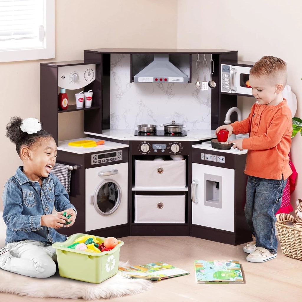 Set di Cucina Giocattolo per Bambini, con Luci e Suoni, Cappa Aspirante illuminata, Fornelli, Forno a Microonde, Distributore d'acqua e Lavatrice, Ideale per Bambini 3 Anni+ (Caffè)