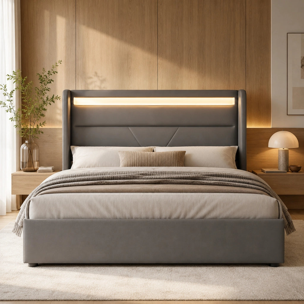 DESMIU Letto contenitore 140 × 200 cm 2 posti con LED regolabile e vano contenitore idraulico, senza materasso, in PU, grigio