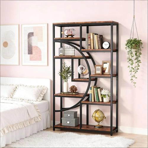 LIBRERIA geometrica a 9 ripiani aperti metallo nero e legno marrone rustico