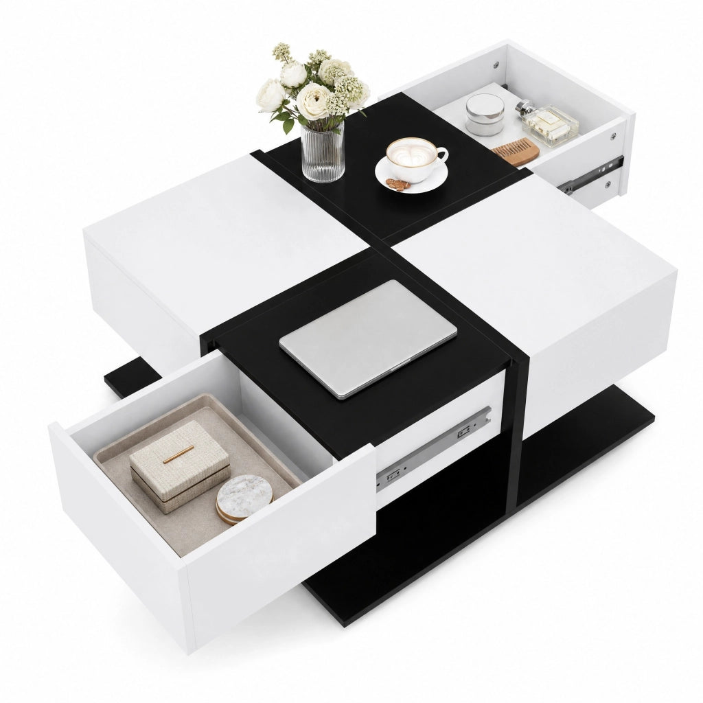 Tavolino da Salotto Quadrato Nero e Bianco con 2 Cassetti, 70 x 70 x 35,5 cm, in Truciolare, con Struttura Stabile e Guide Scorrevoli