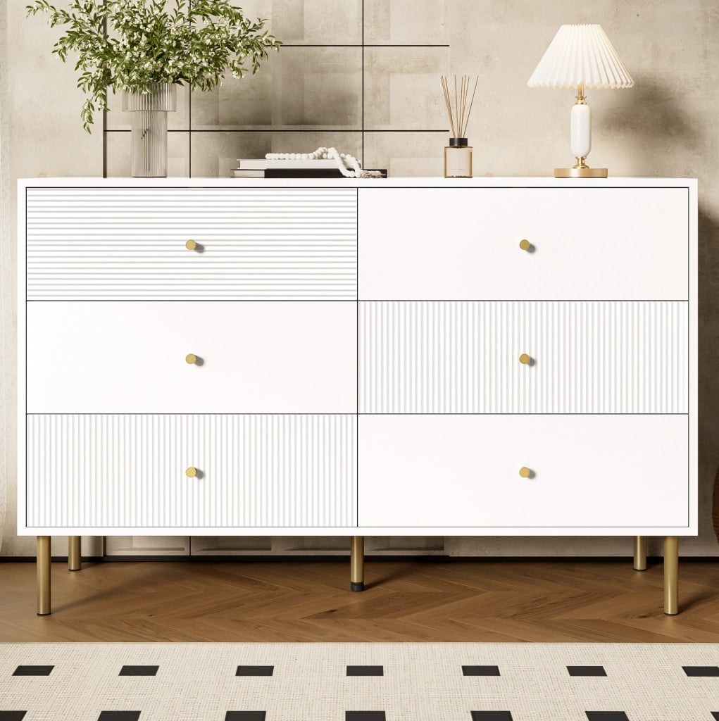 Cassettiera moderna a 6 cassetti 120x40x78 cm in MDF bianco con maniglie in lega di zinco
