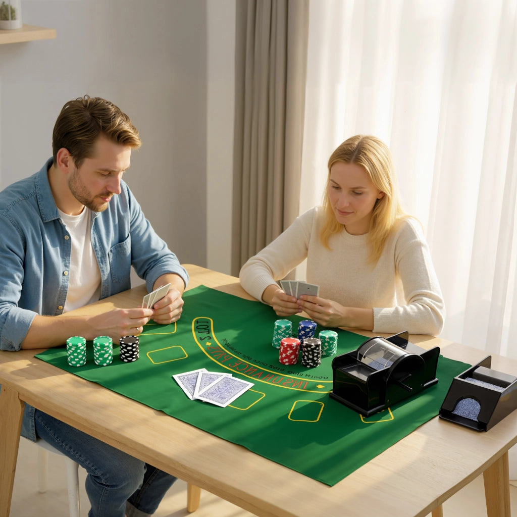 Set Poker con 300 Fiches Mescolatore e Distributore Carte Tappetino 5 Dadi Pulsante Dealer e Valigetta