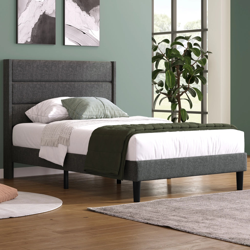 OKWISH Letto Singolo 90×200 cm con Testiera Imbottita e Doghe, senza Materasso, in Lino - Grigio Scuro