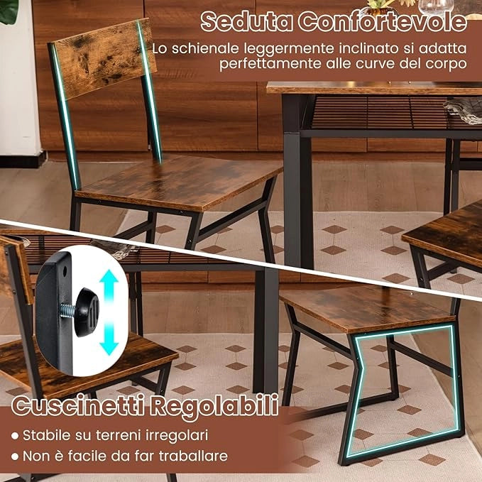Set da Tavolo e Sedie da Pranzo, Tavolo da Pranzo con 4 Sedie Industriale, Set 5 Pezzi Mobili con Mensola Portaoggetti e Telaio in Metallo, per Cucina Sala da Pranzo, 110 x 70 cm (Marrone)