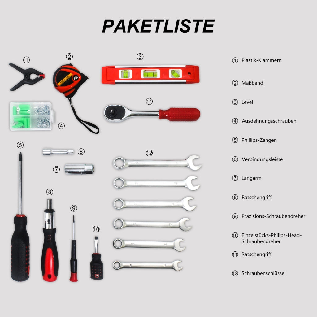 Set di utensili manuali neri, composto da 238 pezzi.