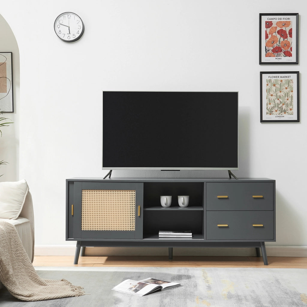 Mobile Porta TV Susa con Cassetti e Ante Scorrevoli in Polyrattan 160x40x65 cm Grigio [en.casa]