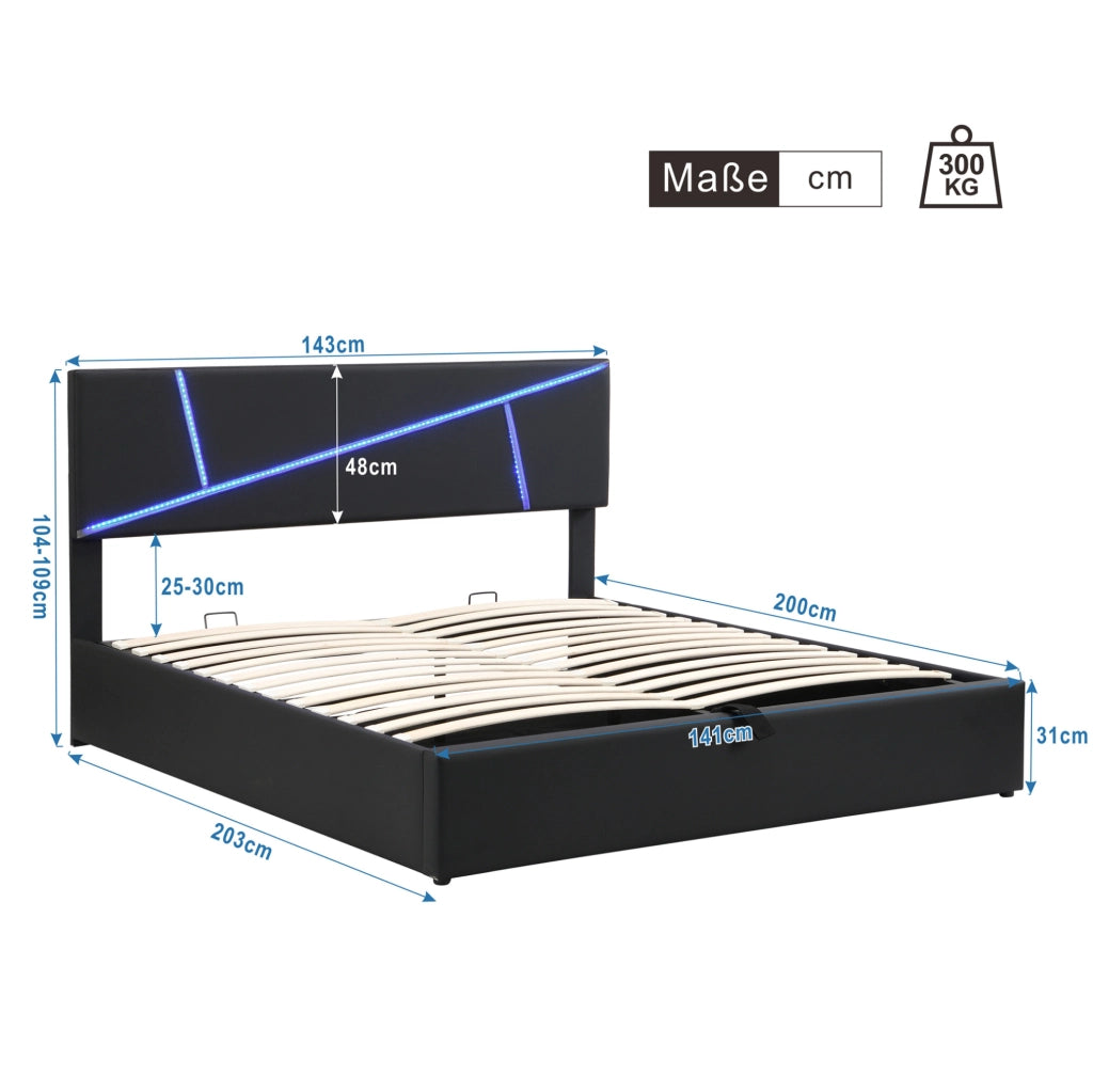 Letto imbottito con LED e contenitore in PU nero