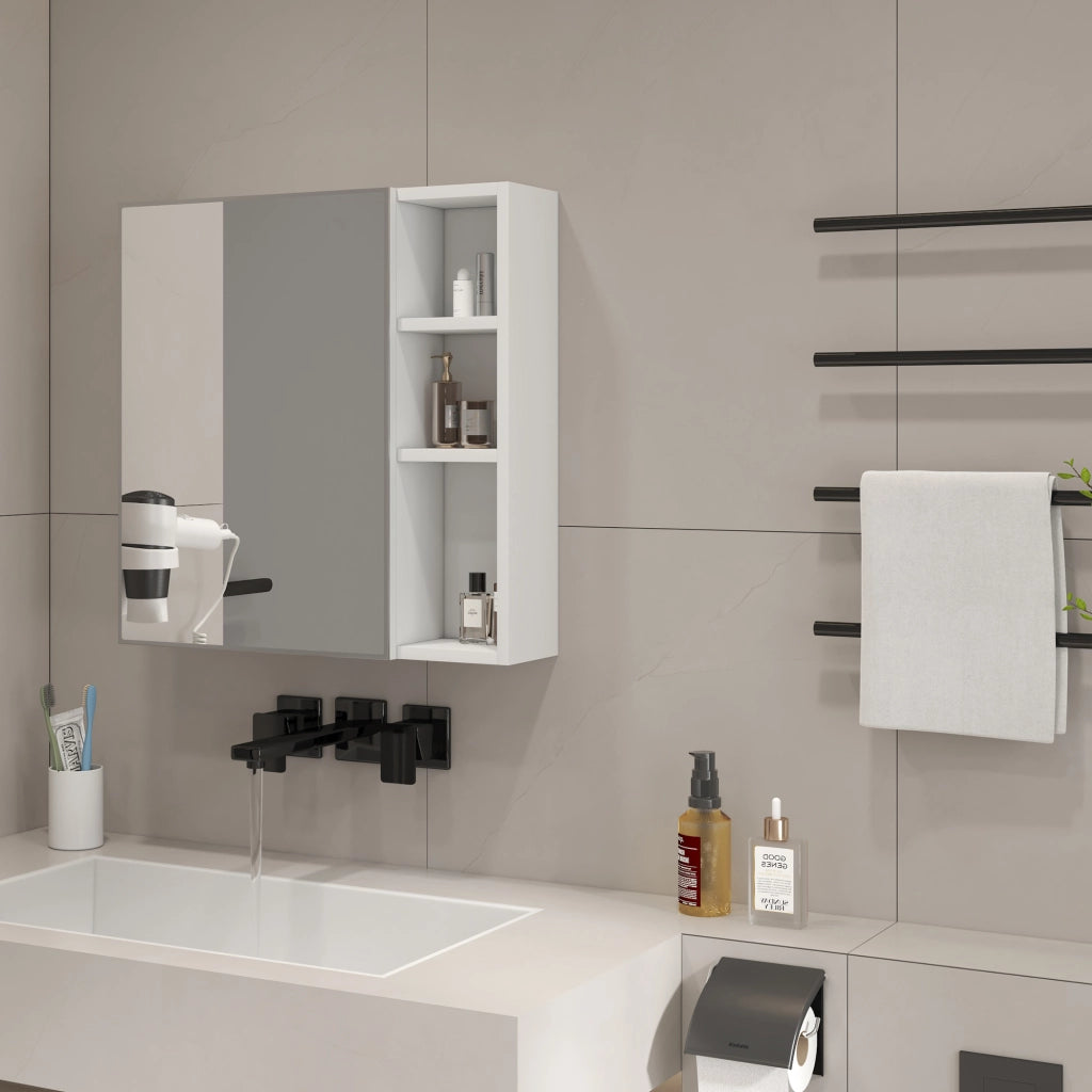 [Mobiletto a specchio da parete semplice] 55 ¡Á 56 cm, montaggio a parete, pannello in HDF bianco + anta in vetro a specchio di sicurezza, vano conteni