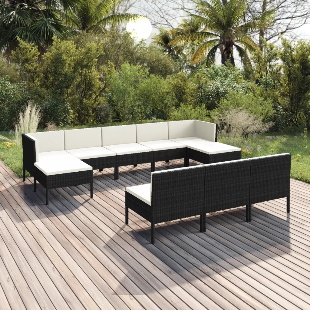 Set Divani da Giardino 10 pz con Cuscini in Polyrattan Nero 3094568
