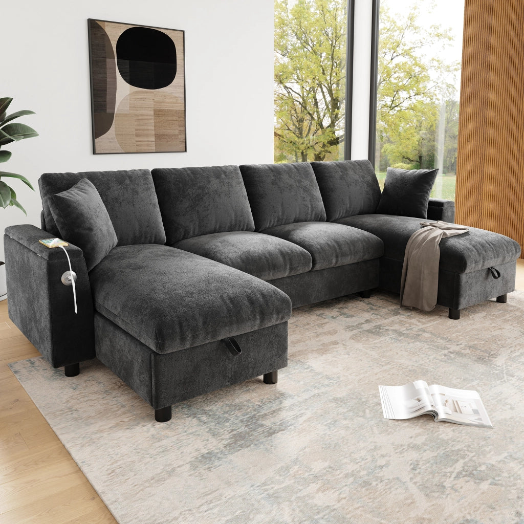 DIVANO U con chaise longue, 279x135x84 cm, Chenille Grigio, USB e Type-C