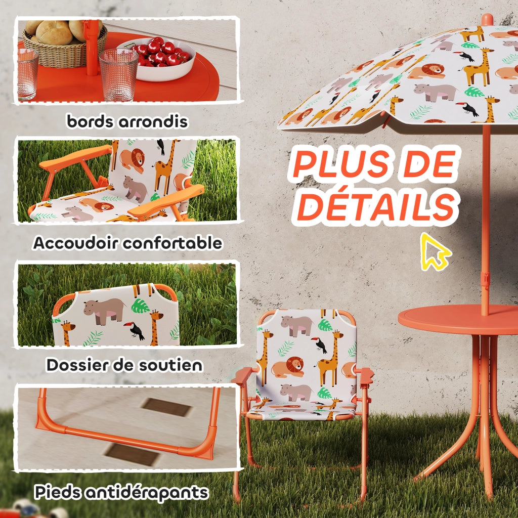 Set giardino bambini ¨C zephmum ¨C tavolo con 2 sedie pieghevoli e ombrellone, motivo animali, arancione