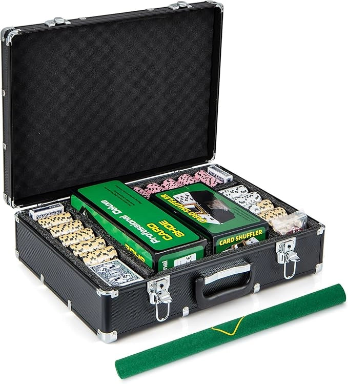 Set di Fiches da Poker con 300/600 Fiches, 2/6 Mazzi di Carte 5 Dadi Mescolatore Automatico di Carte e Tappeto, Scatola Portatile, Poker Chips per Party Viaggi e Feste (600 PCS)