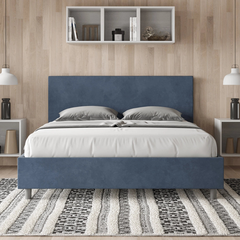 BS COM Letto matrimoniale con rete imbottito 160x210 microfibra blu