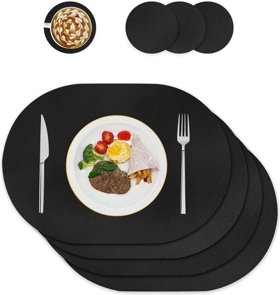 Set di placemats e sottopiani lavabili - decorazione da tavola per cucina e sala da pranzo - insieme da 4 ovali neri