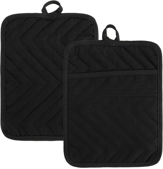 Pannellappe in cotone con tasca - resistente al calore - 2 pezzi - nero - 18,5 x 22,4 cm