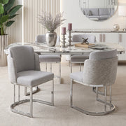 Sedia da Pranzo Set da 2 con Schienale Doppio e Gambe in Metallo Galvanizzato, in Ciniglia Grigio + Argento