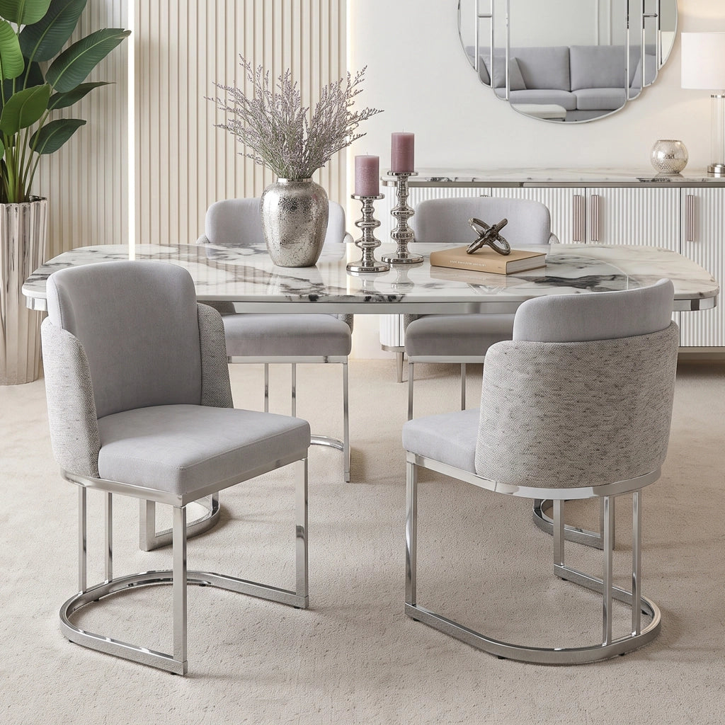Sedia da Pranzo Set da 2 con Schienale Doppio e Gambe in Metallo Galvanizzato, in Ciniglia Grigio + Argento