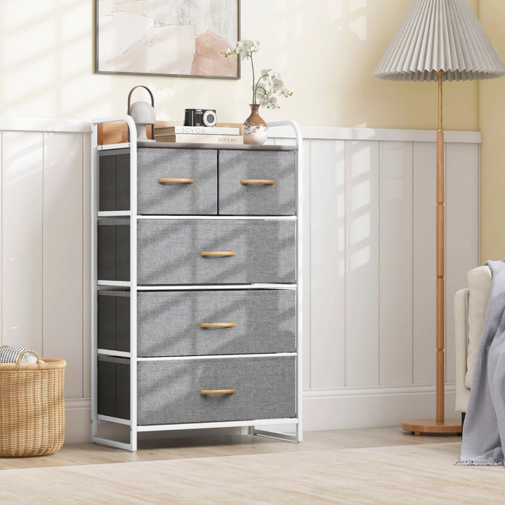 Cassettiera con 5 cassetti pieghevoli in tessuto, Organizer a 4 livelli con superficie in legno per ingresso Grigio-Cassettiere