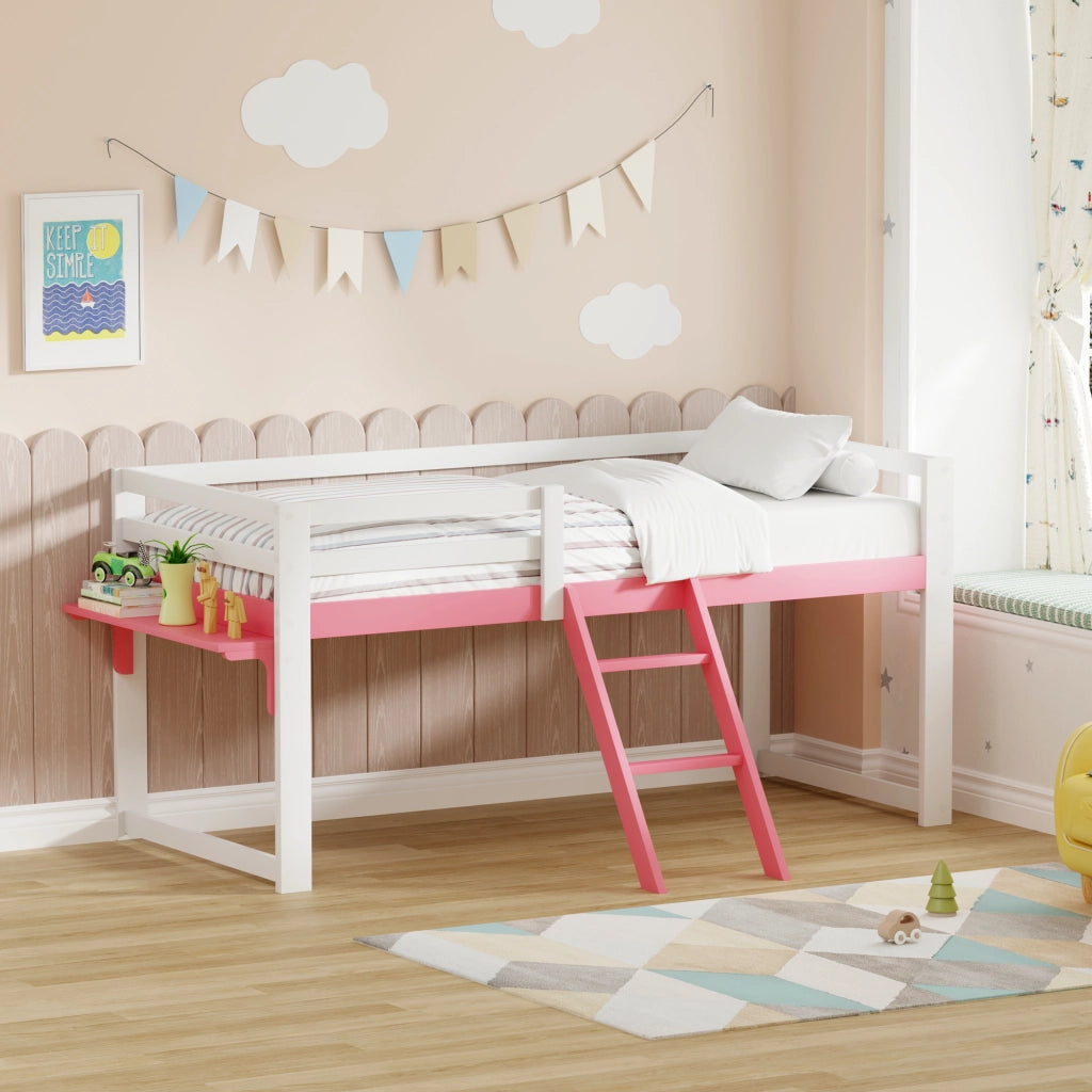 Letto a soppalco per bambini 90x200 cm in legno massello di pino, letto per bambini con sistema anticaduta, scaletta fissa e tavolino contenitore, ret