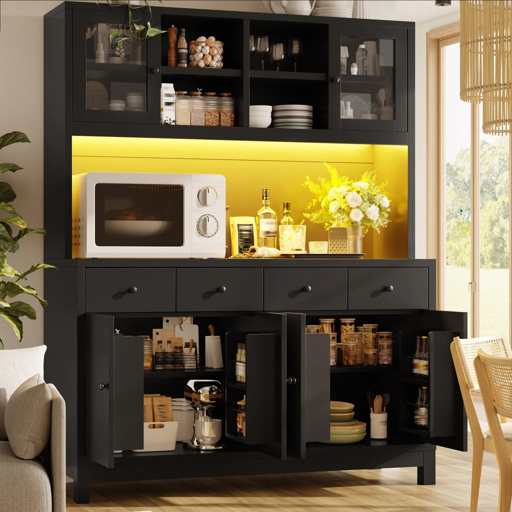Credenza alta con 4 cassetti; ripiani regolabili e ante in vetro con LED RGB per cucina e soggiorno; 140×38.5×180 cm